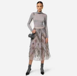 Gonna midi in tulle con ricamo paillettes chevron