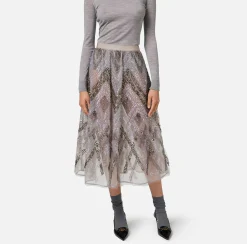 Gonna midi in tulle con ricamo paillettes chevron