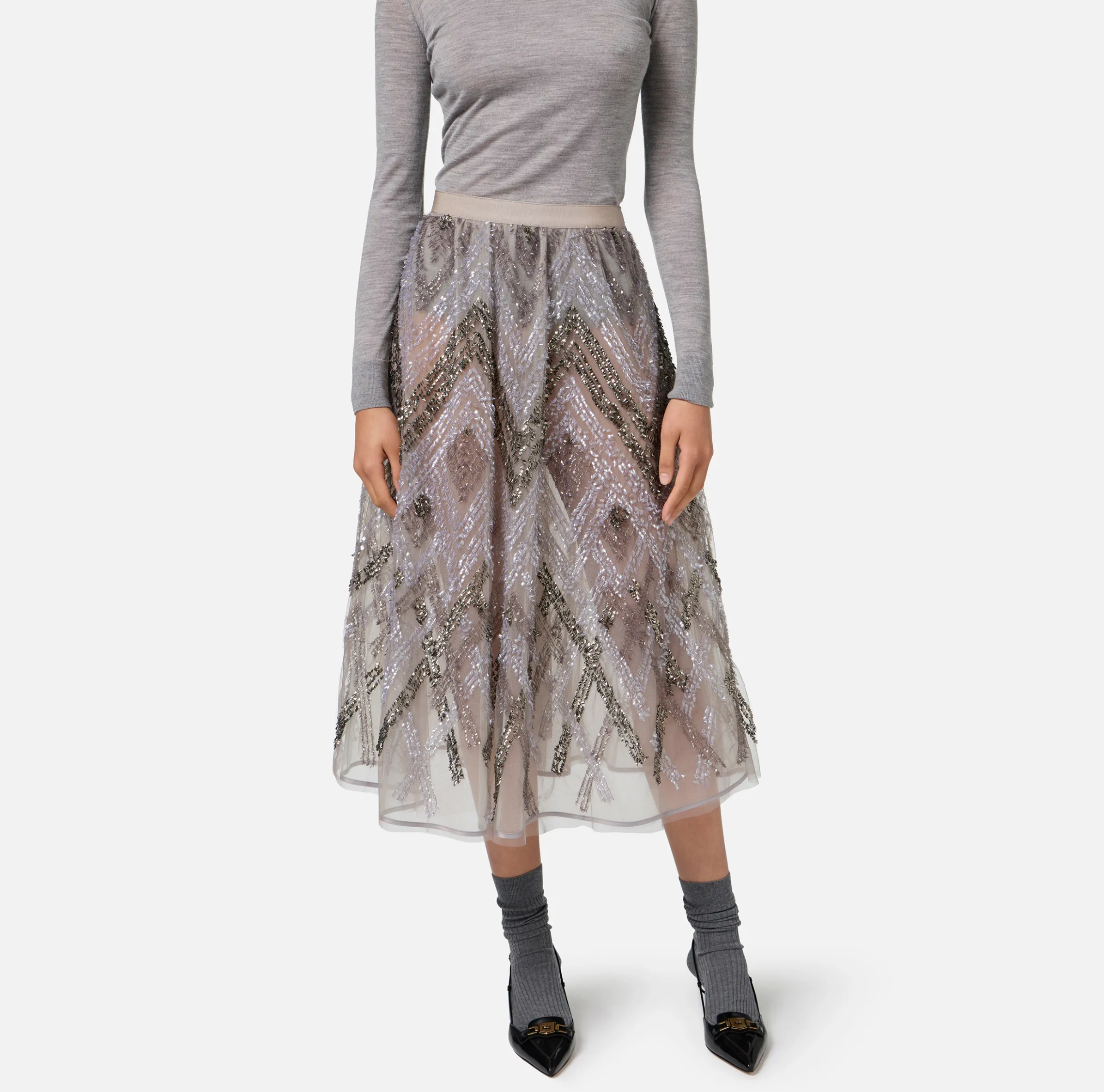 Gonna midi in tulle con ricamo paillettes chevron