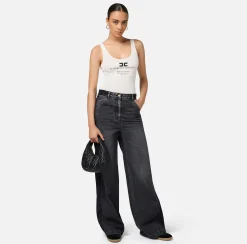 Jeans a gamba larga in cotone con inserti in nylon