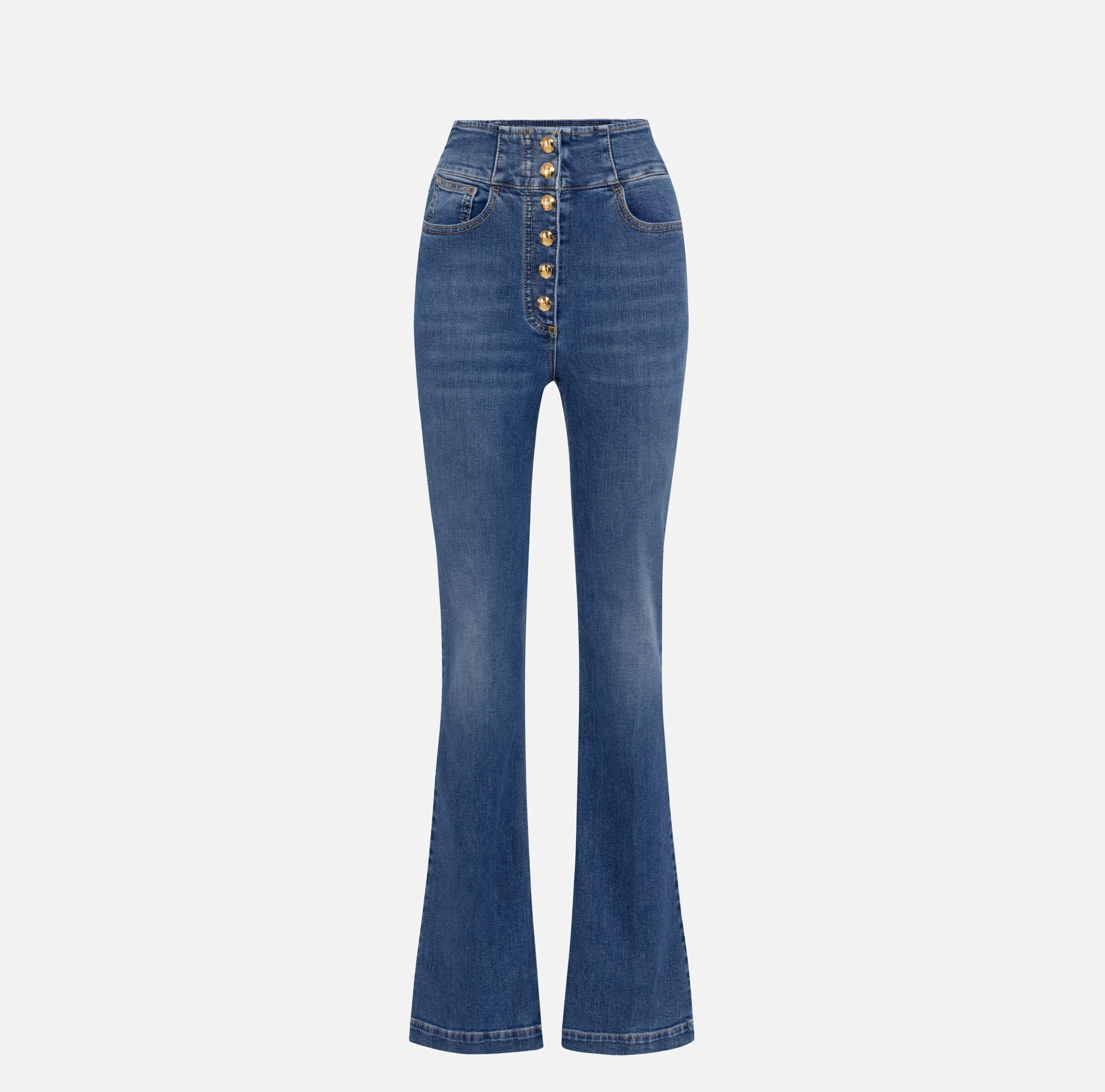 Jeans a zampa in cotone stretch con bottoniera centrale