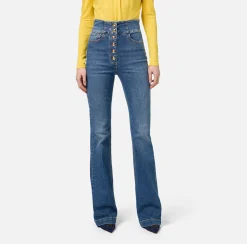 Jeans a zampa in cotone stretch con bottoniera centrale