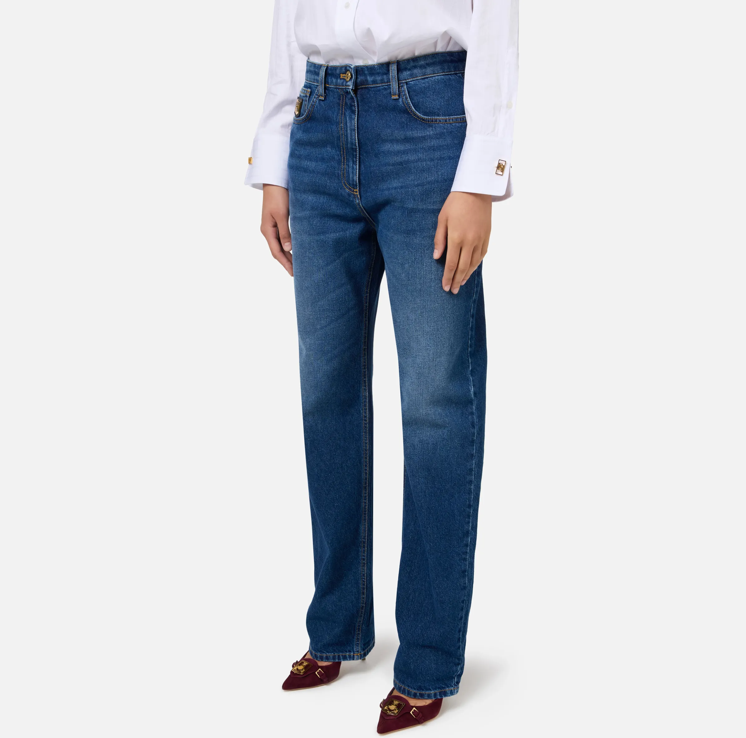 Jeans boyfriend in cotone con placca oro