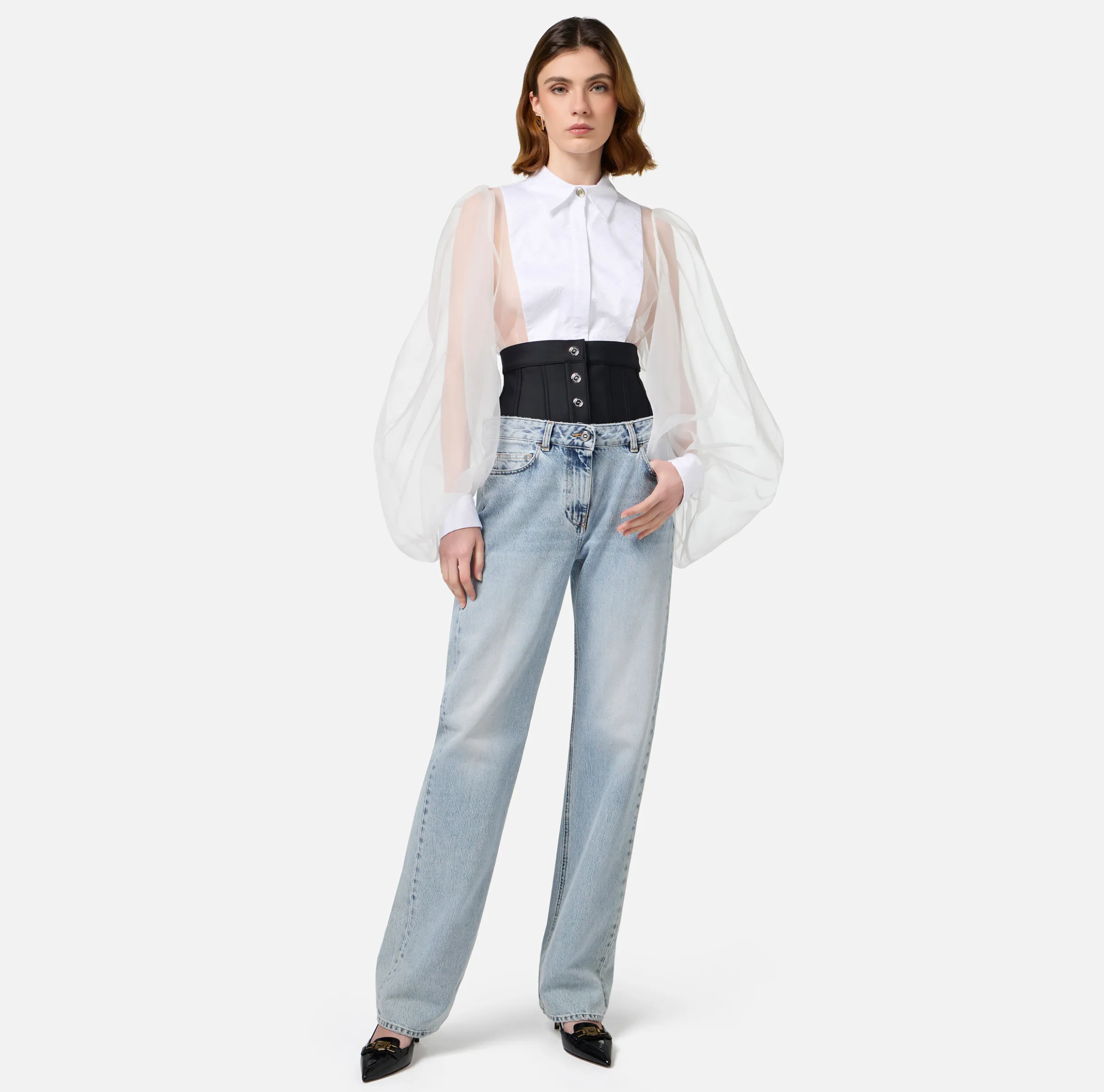 Jeans dritto in cotone organico con corsetto in neoprene