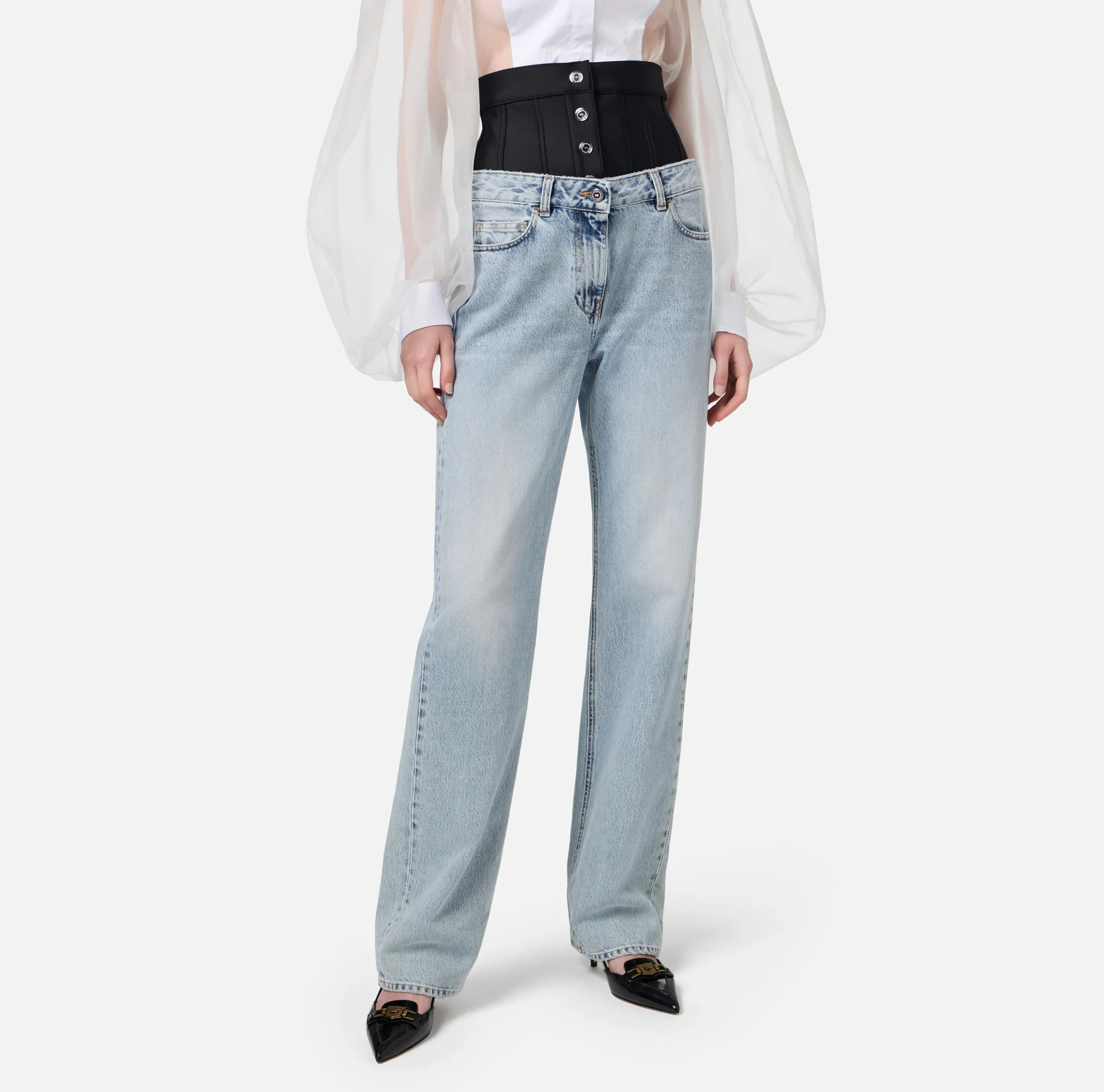 Jeans dritto in cotone organico con corsetto in neoprene