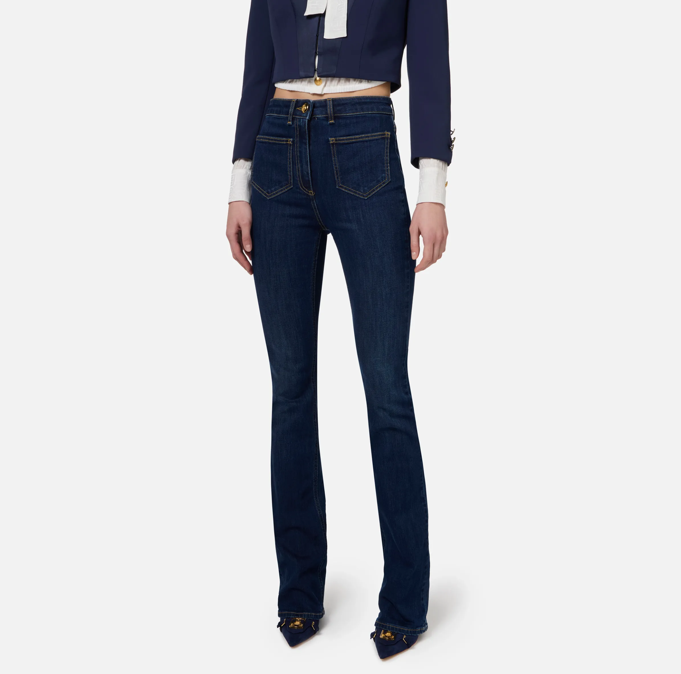 Jeans dritto in cotone stretch con placche logo