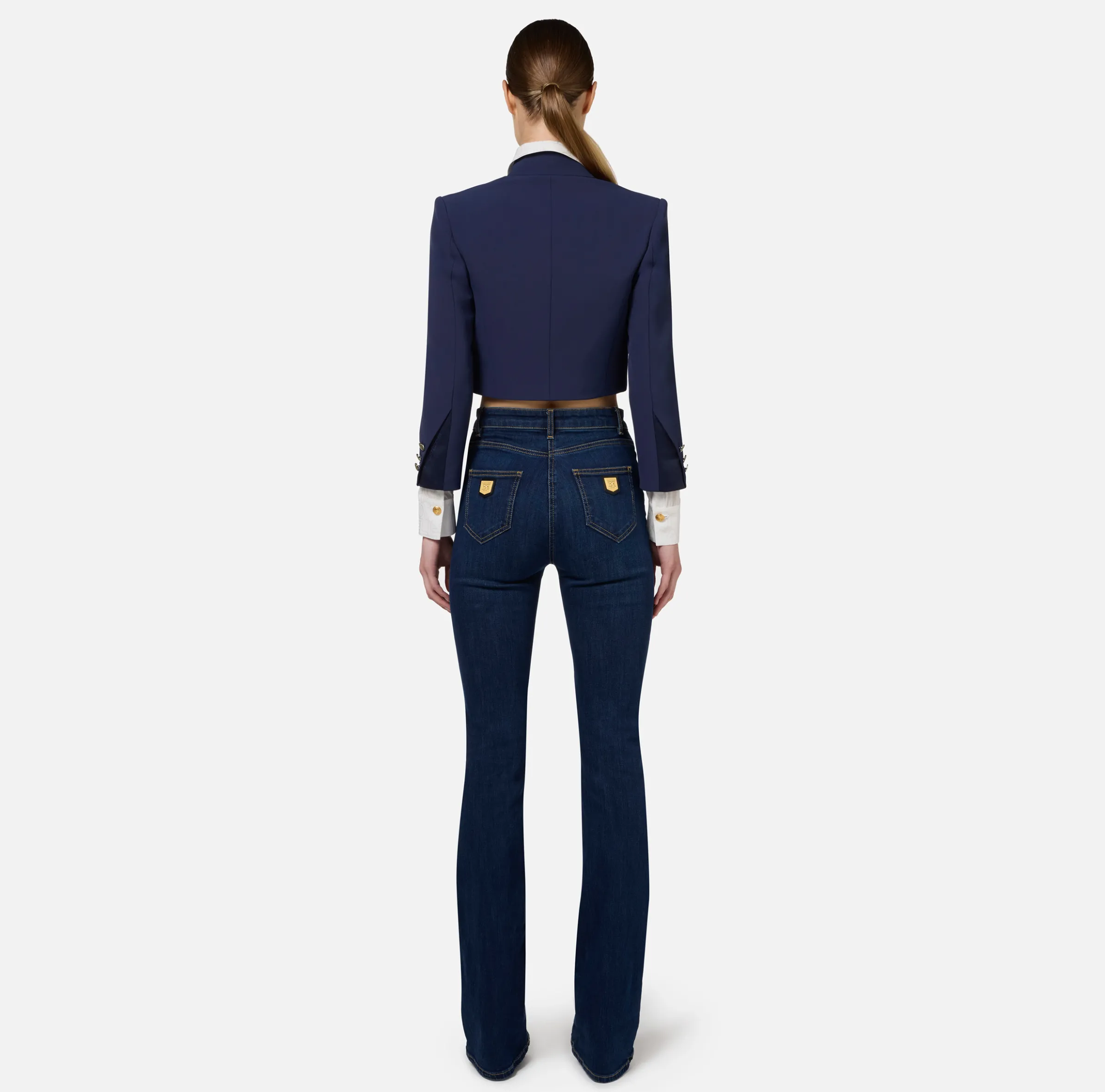 Jeans dritto in cotone stretch con placche logo