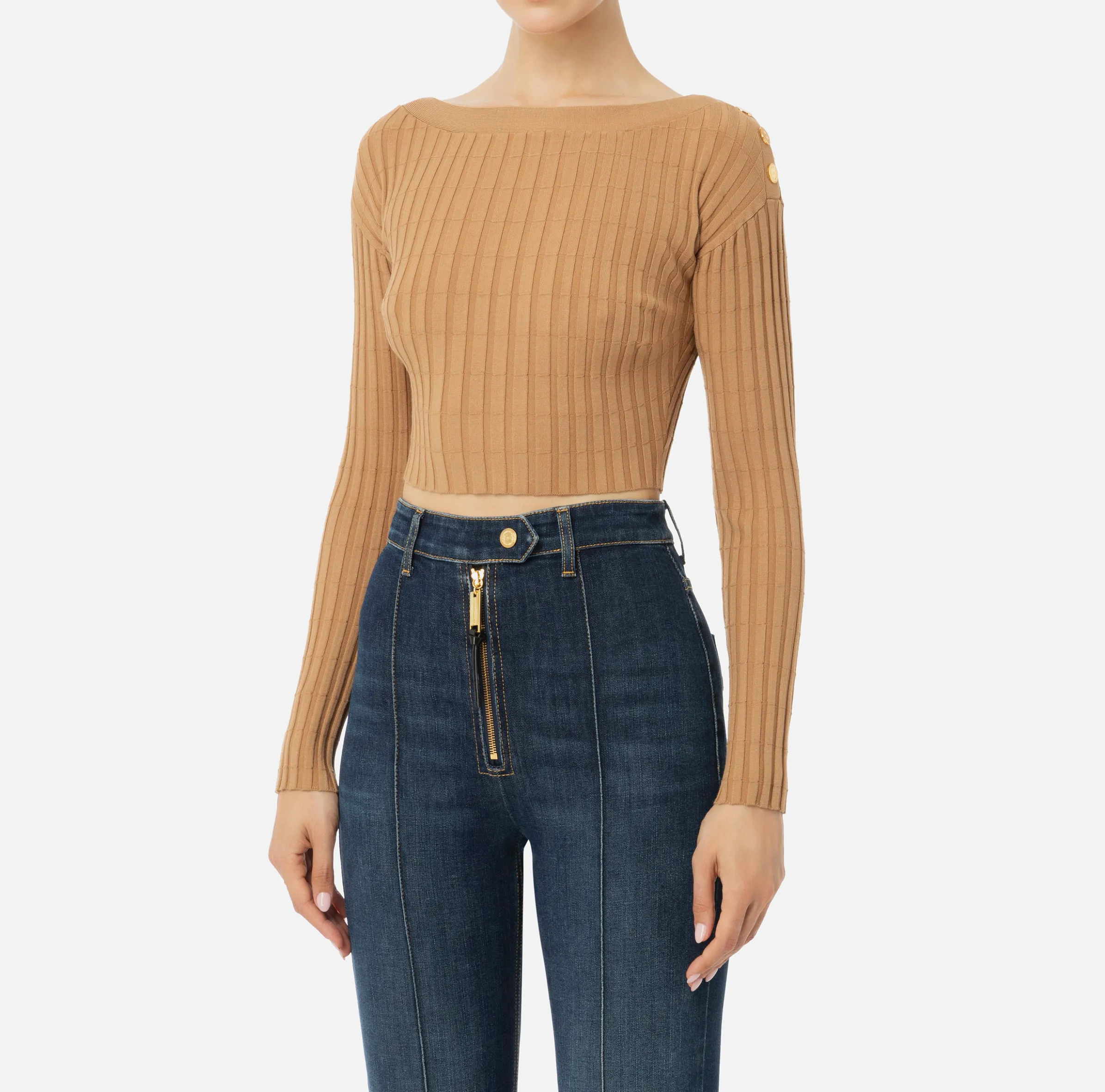 Maglia cropped in viscosa a coste con bottoniera