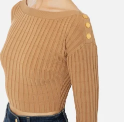 Maglia cropped in viscosa a coste con bottoniera
