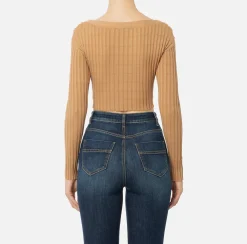Maglia cropped in viscosa a coste con bottoniera