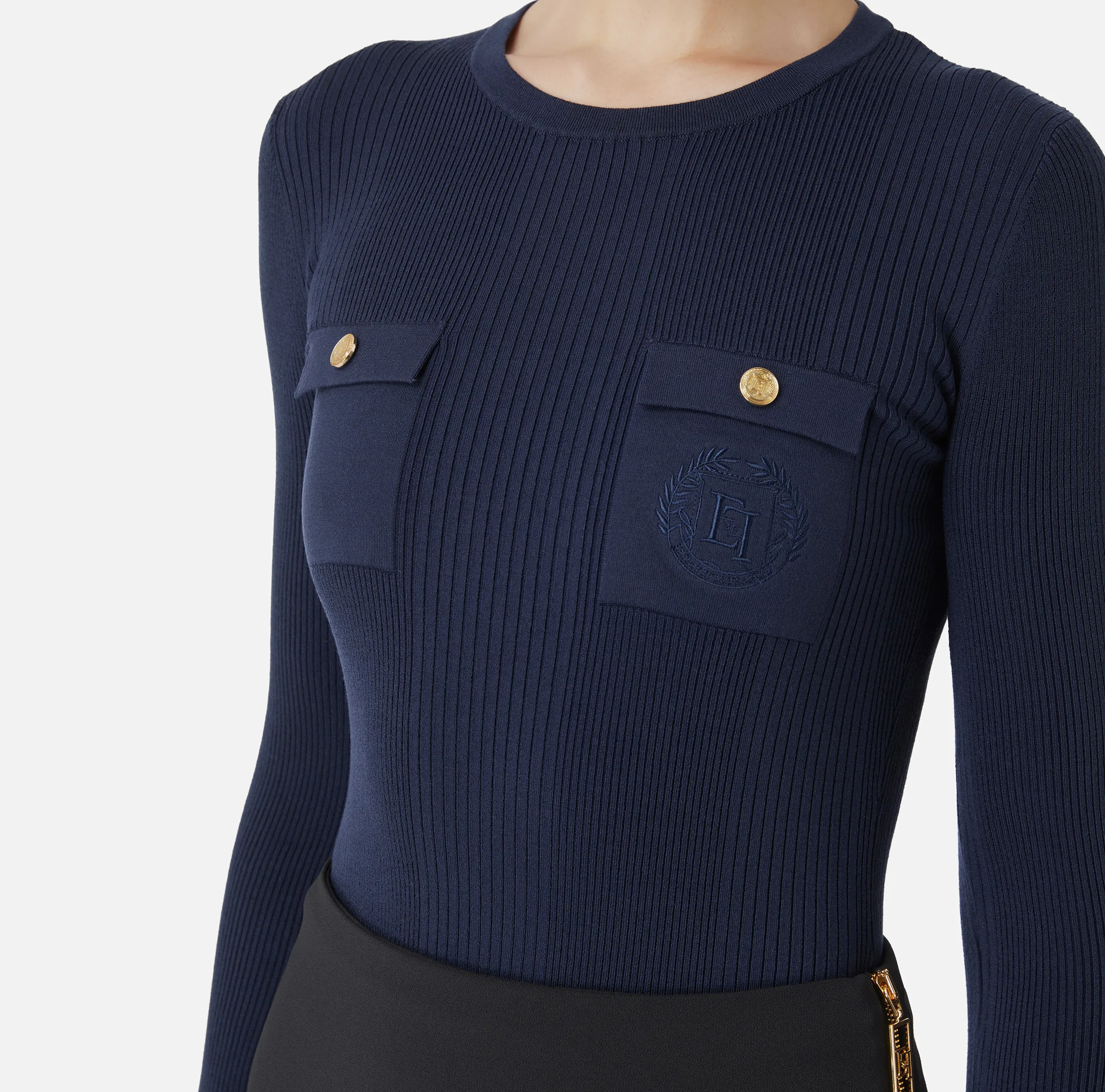 Maglia girocollo in lyocell e seta a costine con ricamo logo