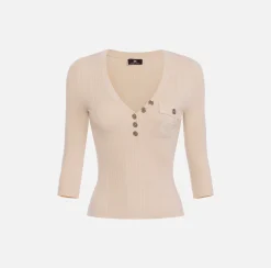 Maglia scollo a V in lyocell e seta a costine con ricamo logo