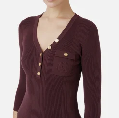 Maglia scollo a V in lyocell e seta a costine con ricamo logo