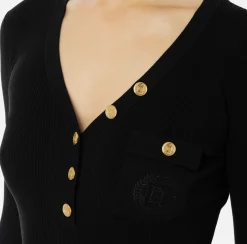 Maglia scollo a V in lyocell e seta a costine con ricamo logo
