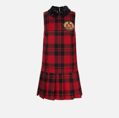 Miniabito in lana tartan con patch ricamato