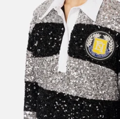 Miniabito in paillettes a righe con colletto a camicia