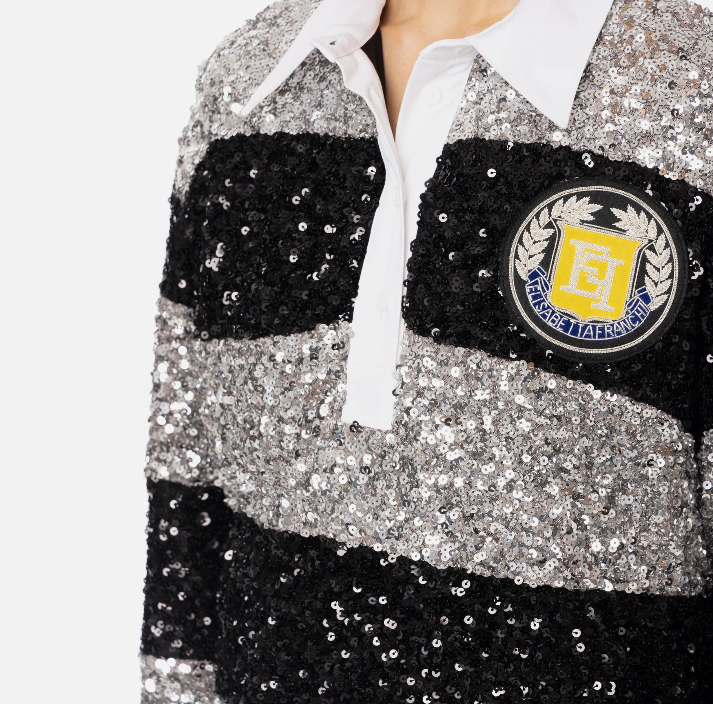 Miniabito in paillettes a righe con colletto a camicia