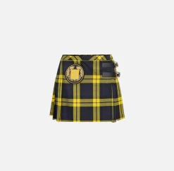 Minigonna a pieghe in lana tartan con patch ricamato