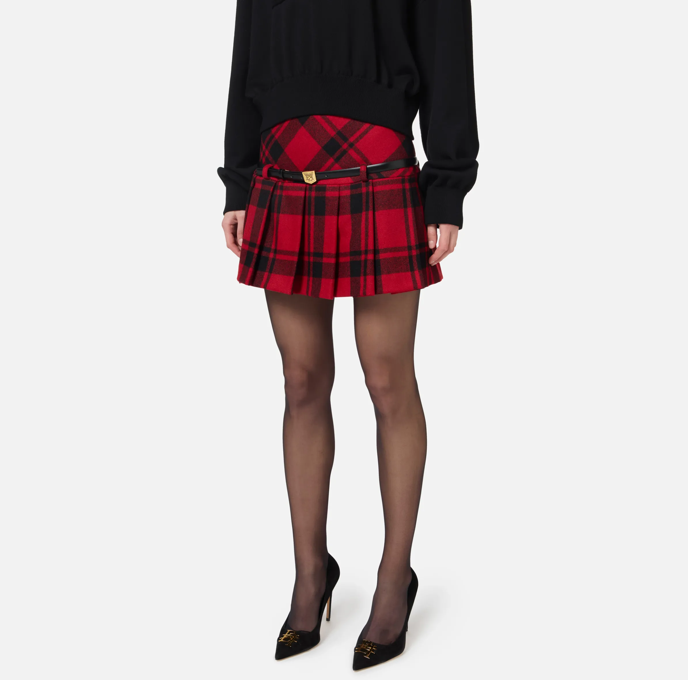 Minigonna a pieghe in tartan di lana