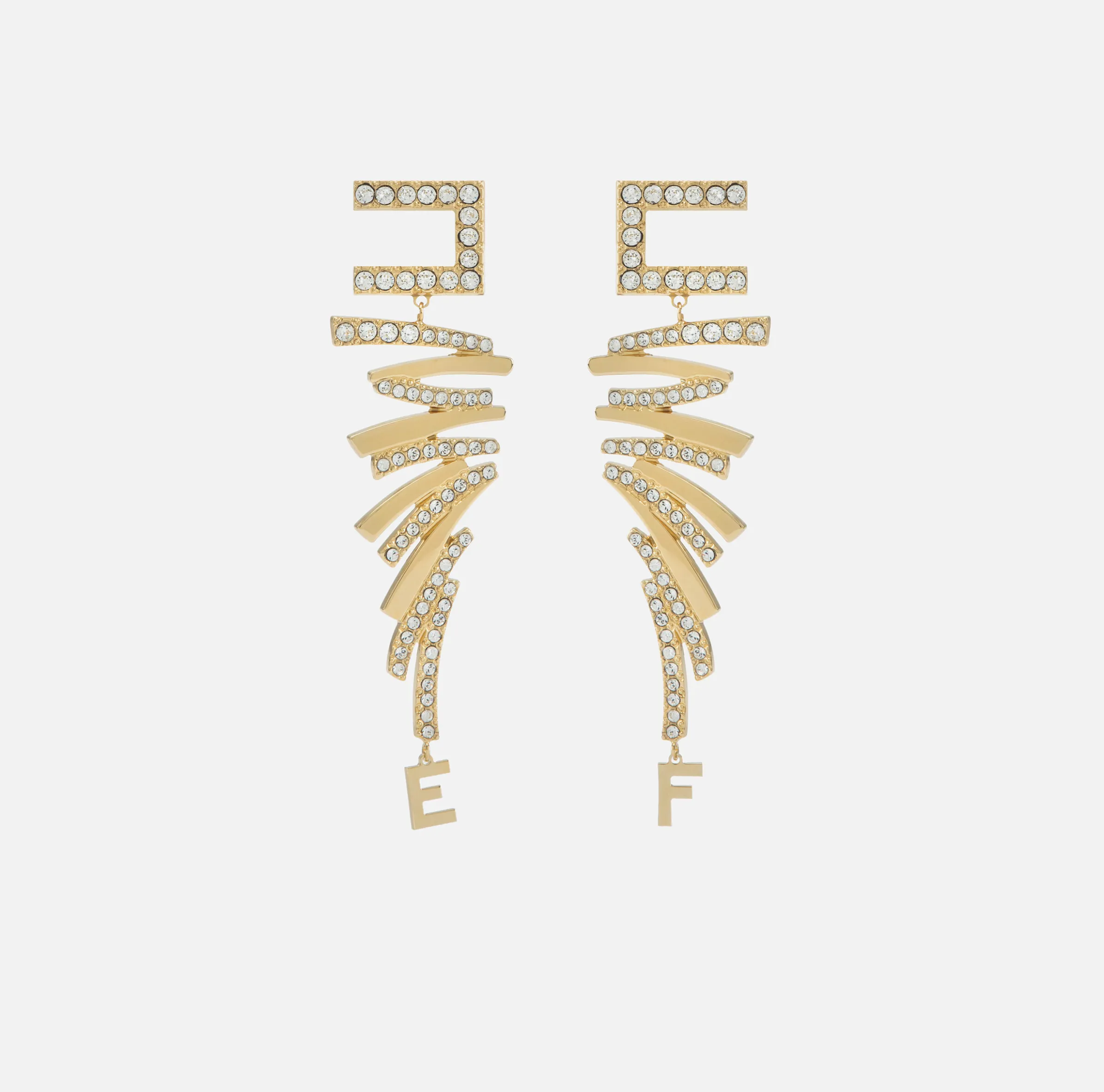Orecchini logo in metallo dorato e strass design zig zag