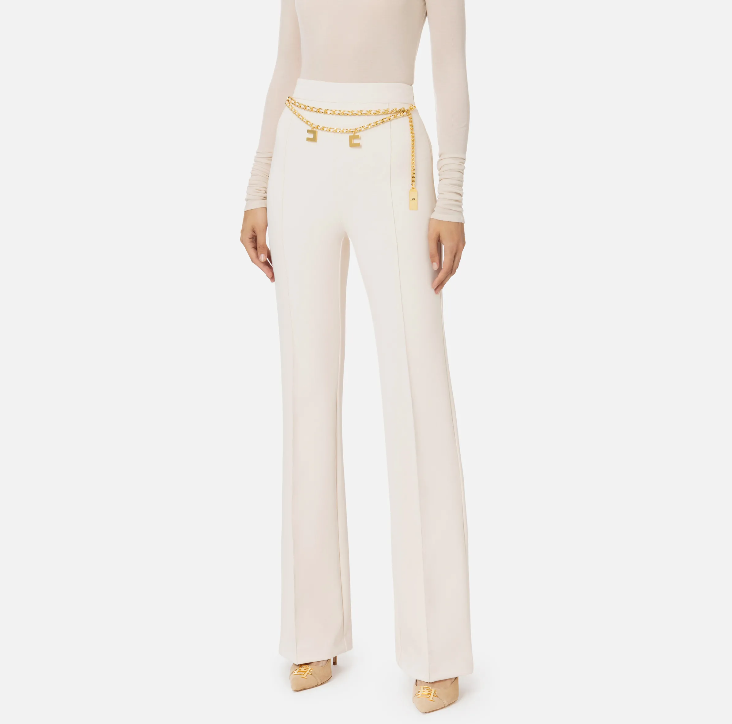 Pantalone a palazzo in crêpe stretch con cintura