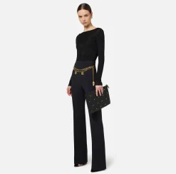 Pantalone a palazzo in crêpe stretch con cintura