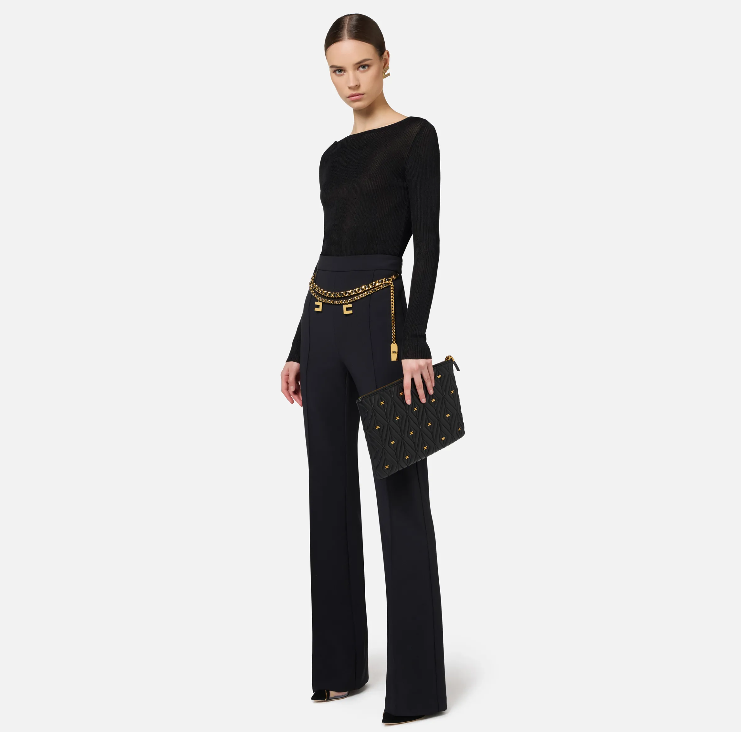 Pantalone a palazzo in crêpe stretch con cintura