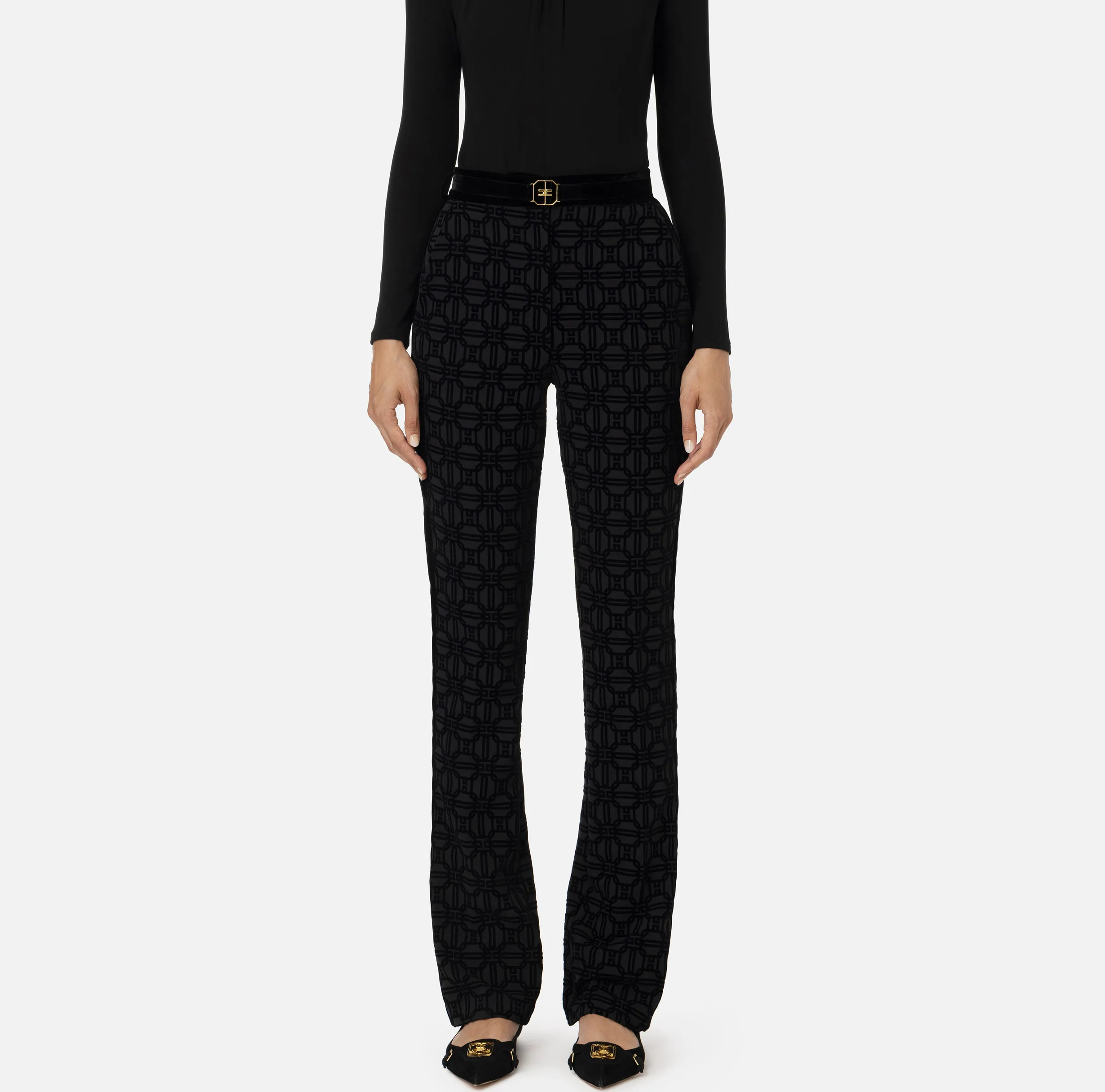 Pantalone dritto in crêpe flock con cintura