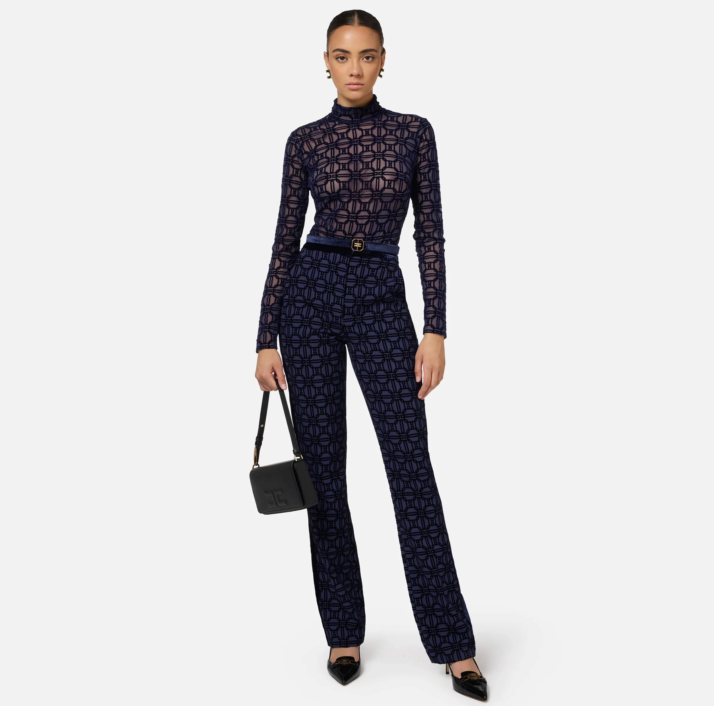Pantalone dritto in crêpe flock con cintura