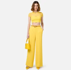 Pantalone dritto in crêpe fermo con placca logo