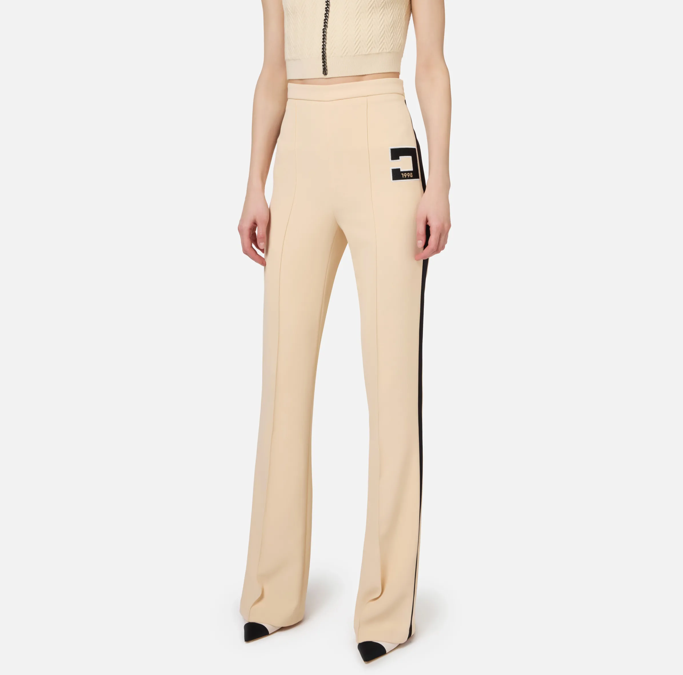 Pantalone dritto in crêpe stretch con bande e ricamo logo