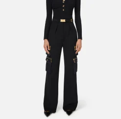 Pantalone dritto in crêpe con tasche e cintura