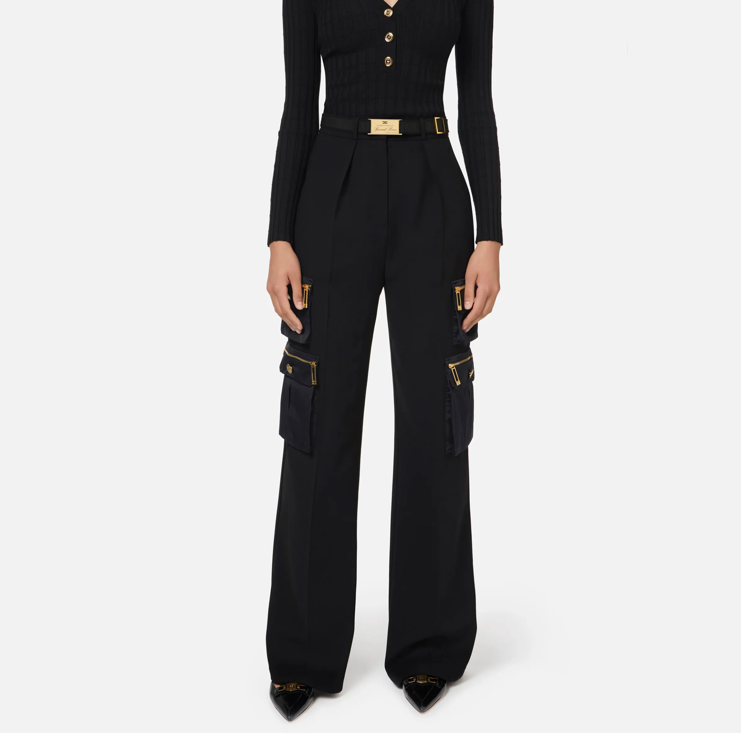 Pantalone dritto in crêpe con tasche e cintura