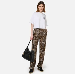 Pantalone dritto in crêpe animalier con doppie pinces