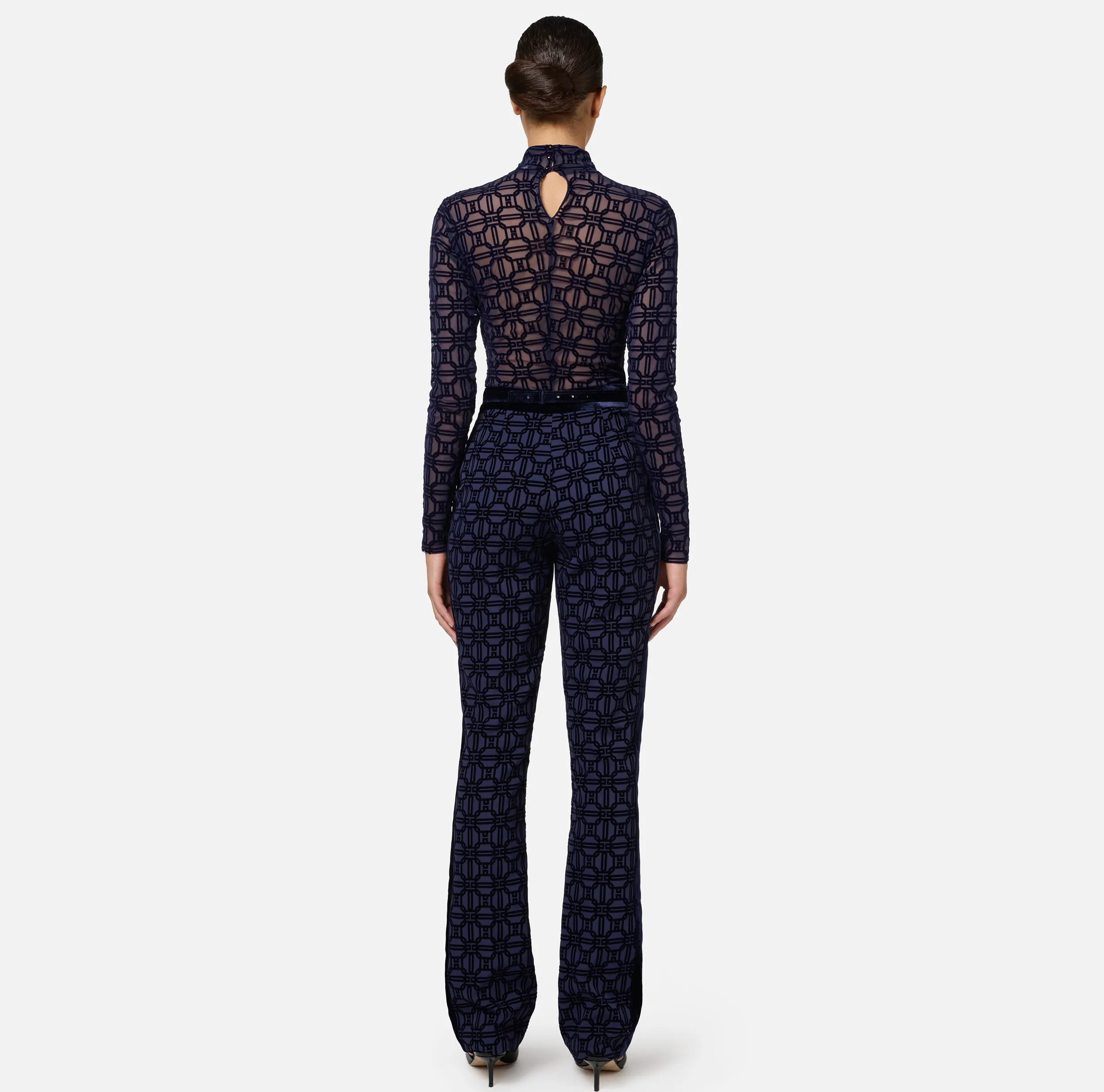 Pantalone dritto in crêpe flock con cintura
