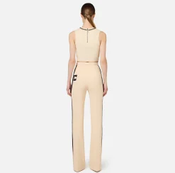 Pantalone dritto in crêpe stretch con bande e ricamo logo