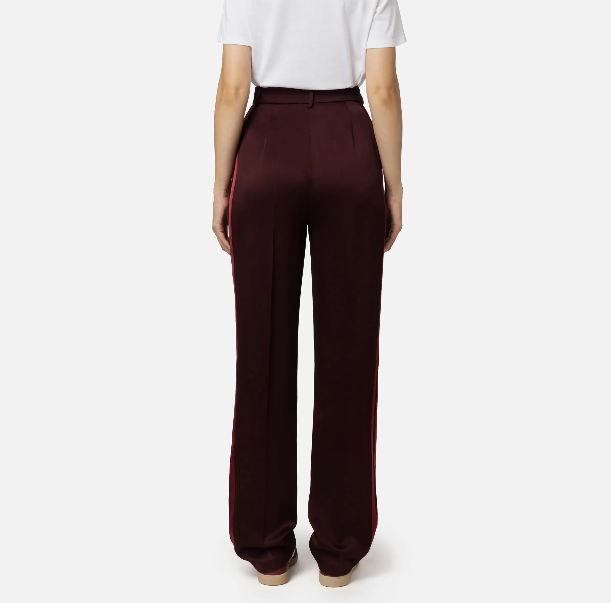 Pantalone dritto in satin con bande in raso