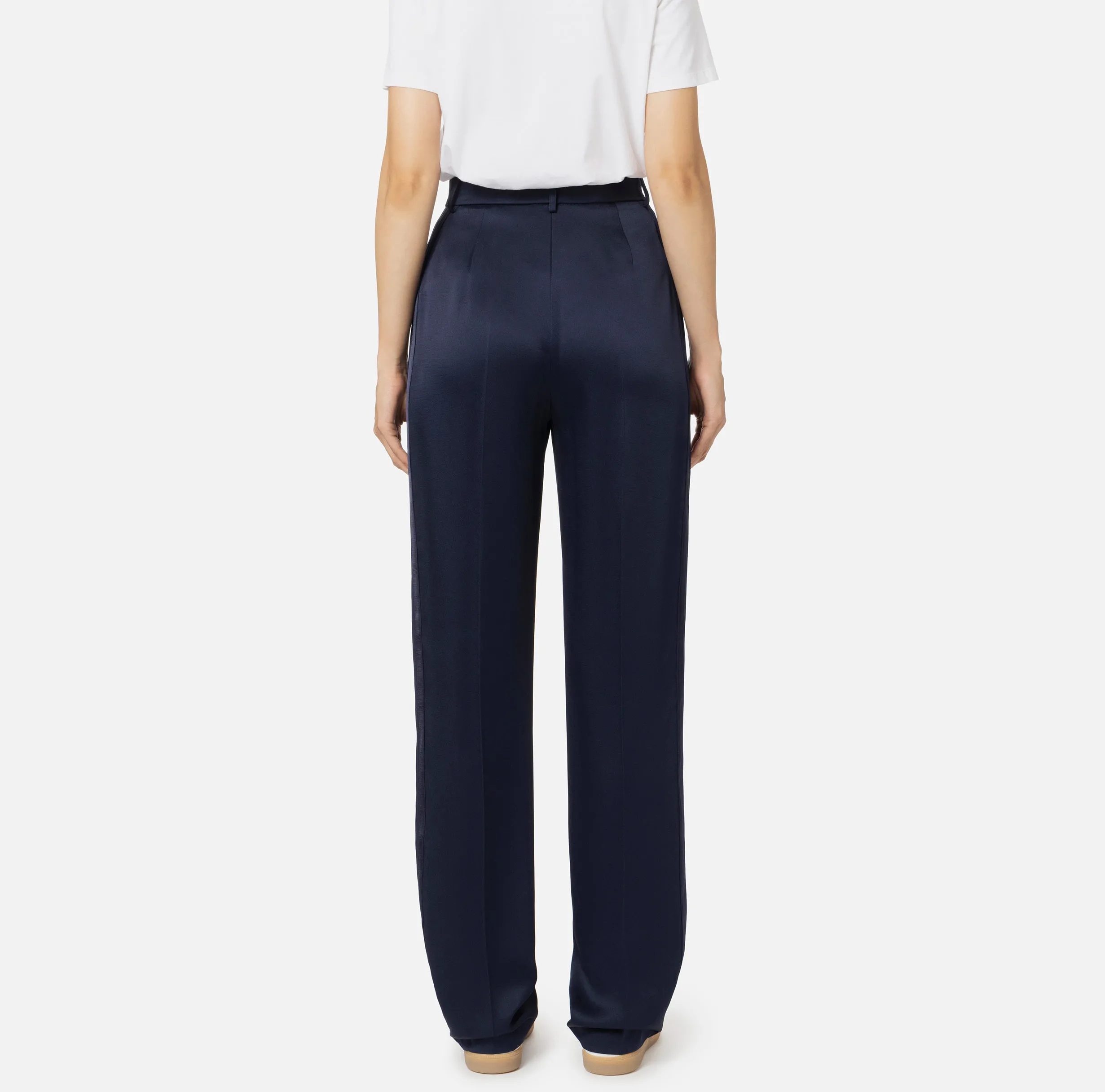 Pantalone dritto in satin con bande in raso