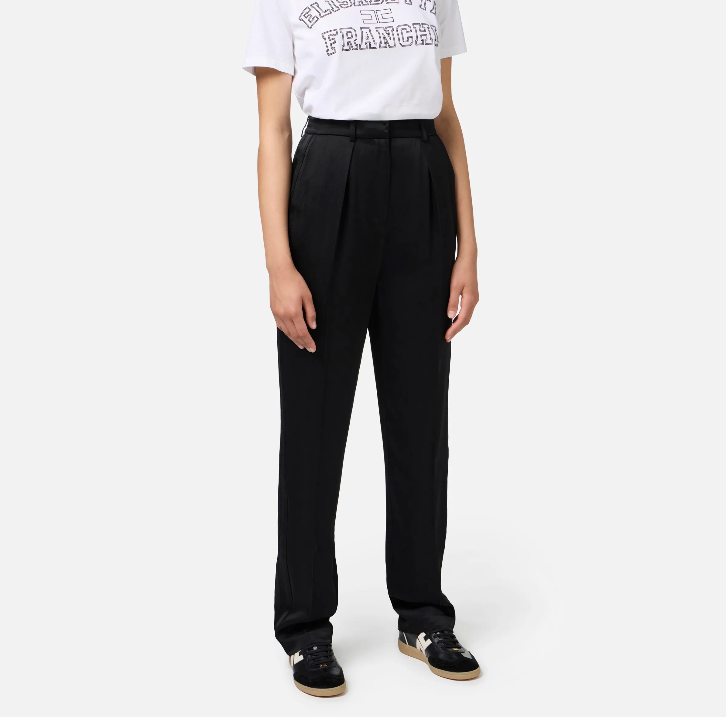 Pantalone dritto in satin con bande in raso