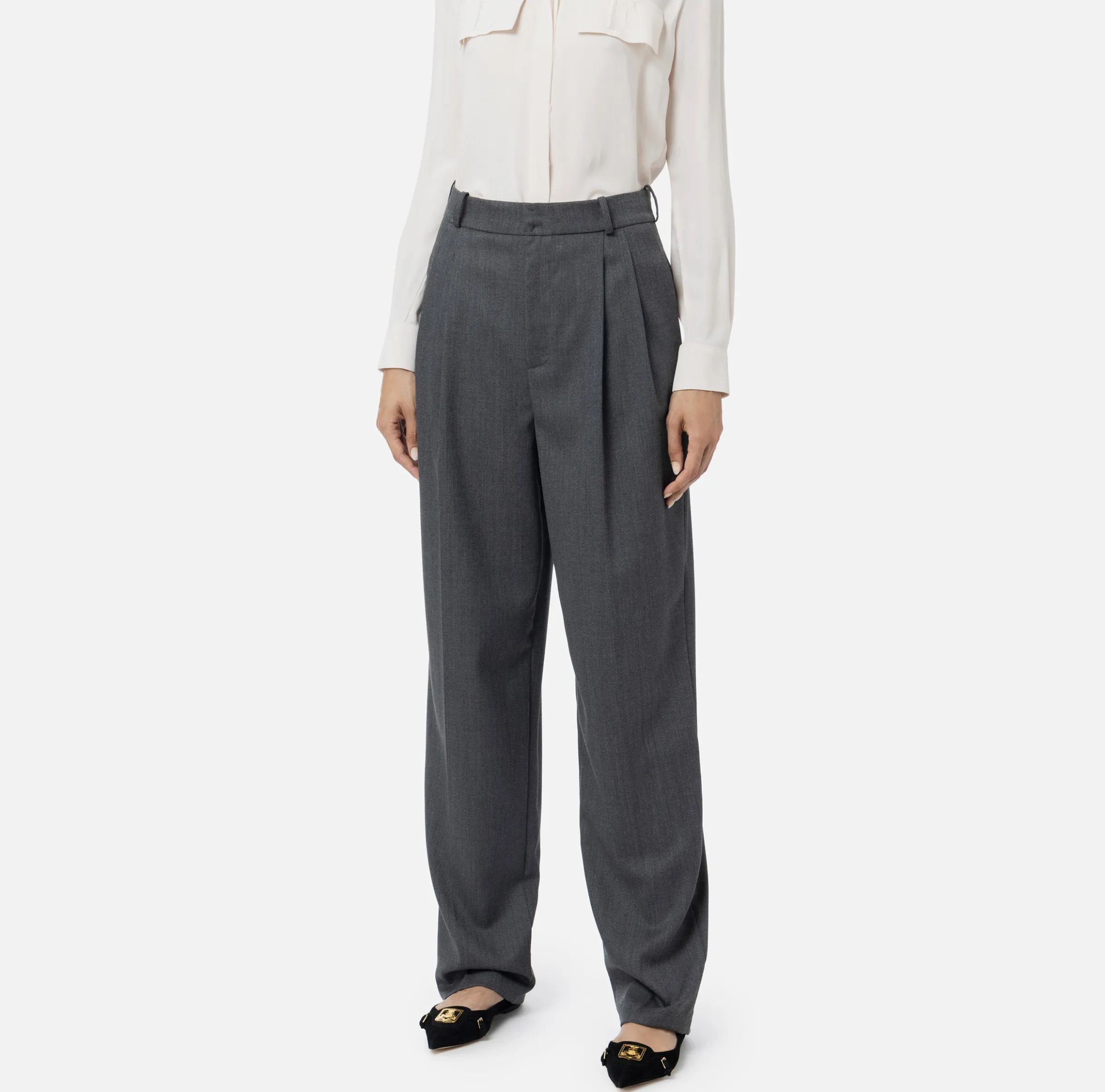 Pantalone gamba ampia con doppia pinces in fresco di lana stretch