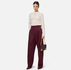Pantalone gamba ampia con doppia pinces in fresco di lana stretch