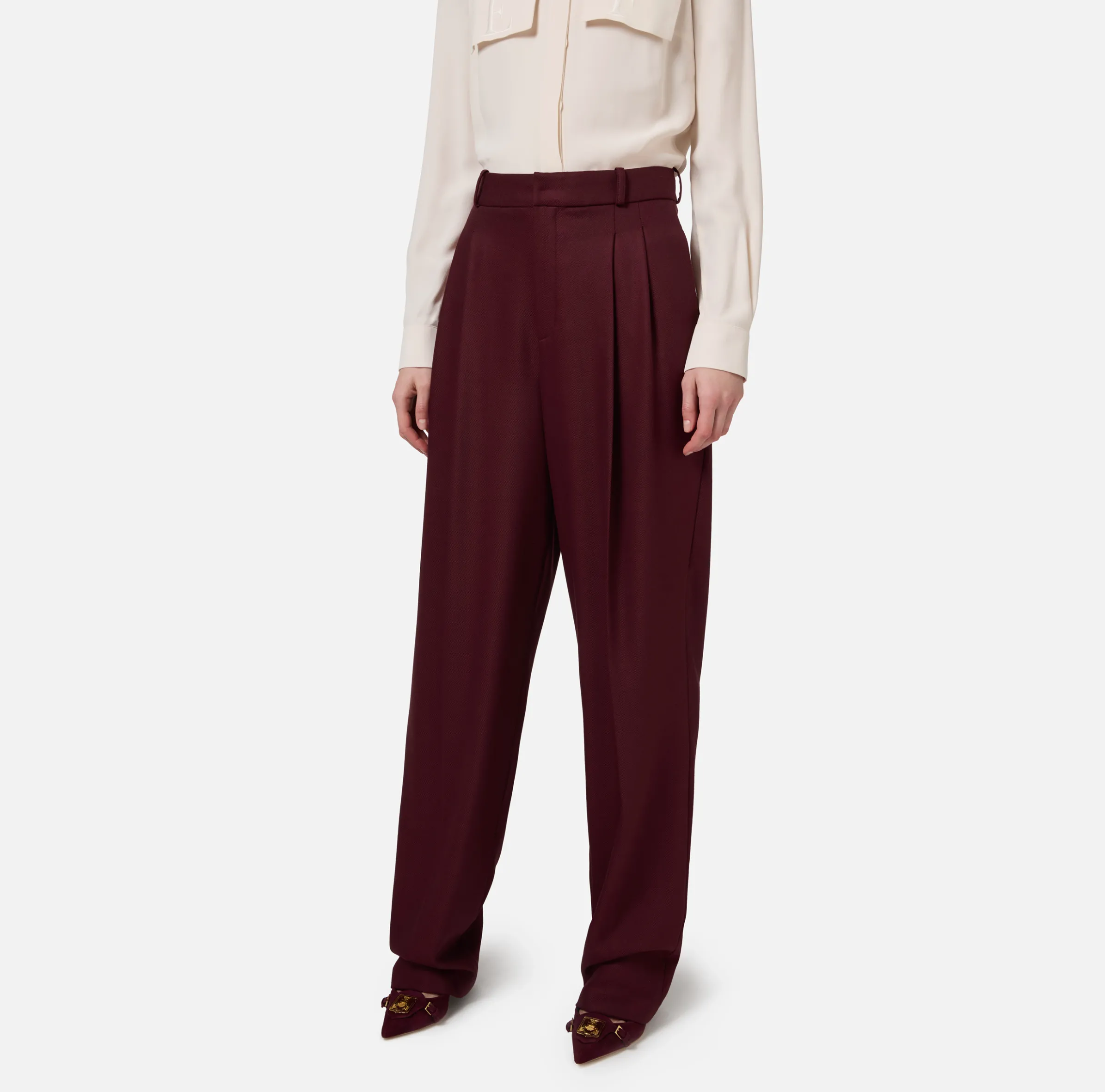 Pantalone gamba ampia con doppia pinces in fresco di lana stretch
