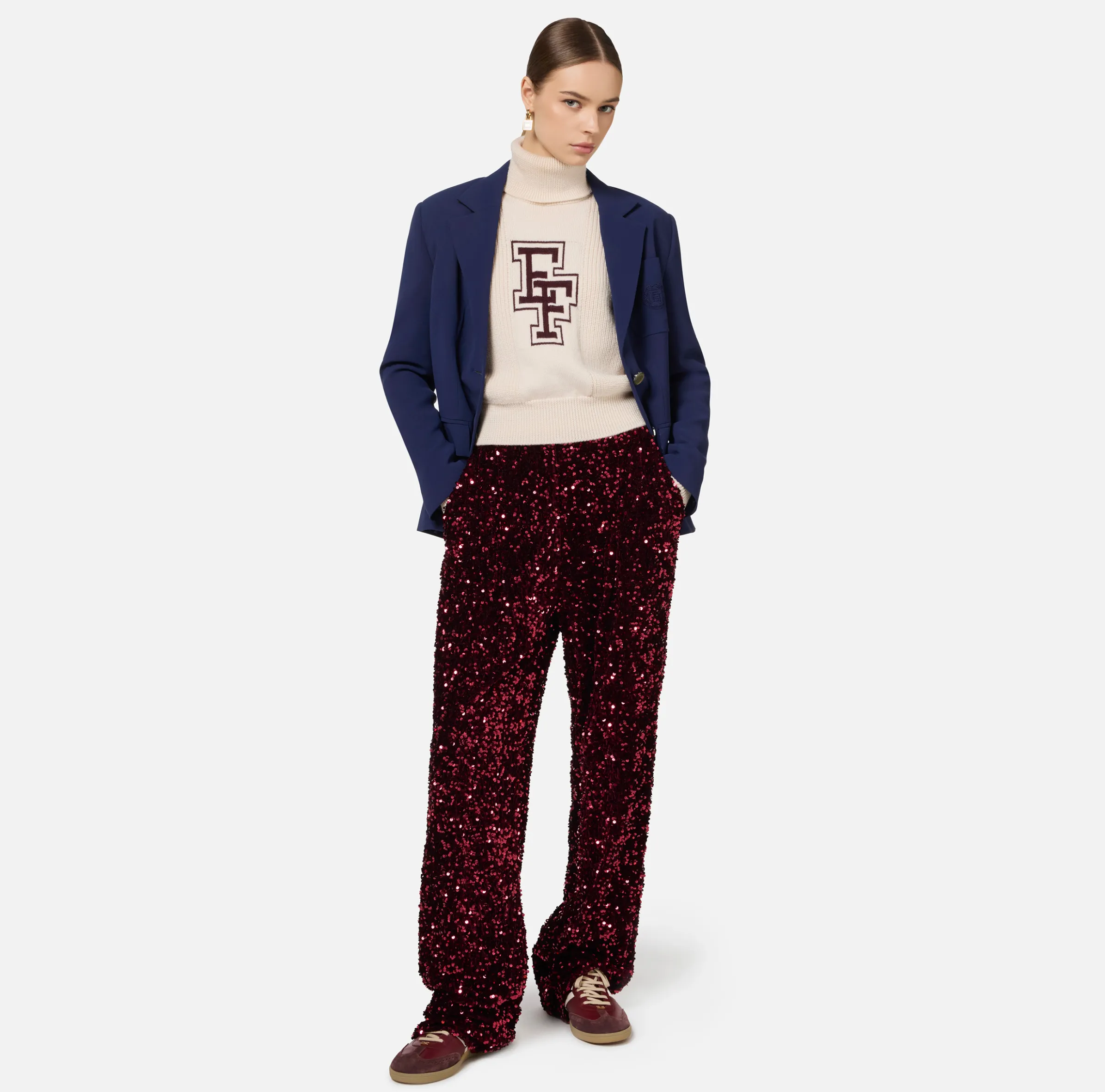 Pantalone in ciniglia ricamata con paillettes