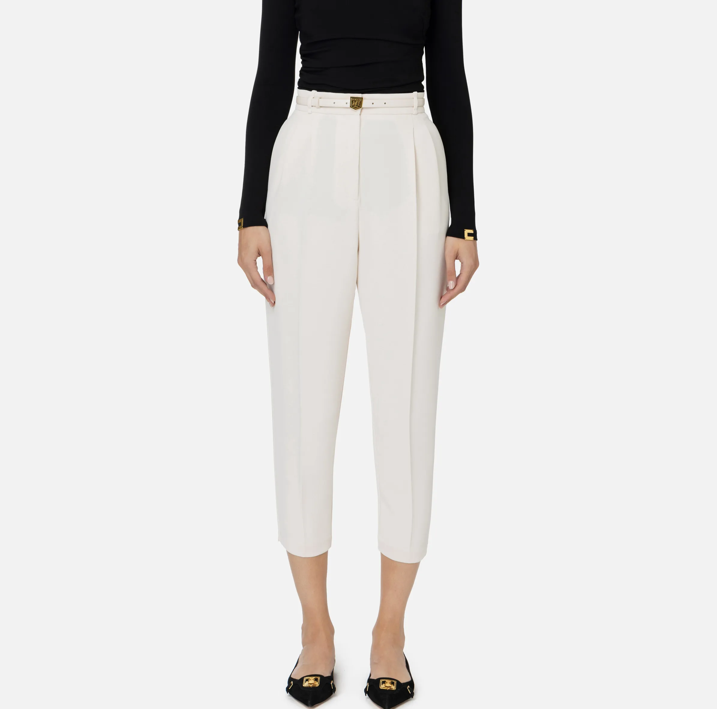 Pantalone in crêpe con cintura e ricamo