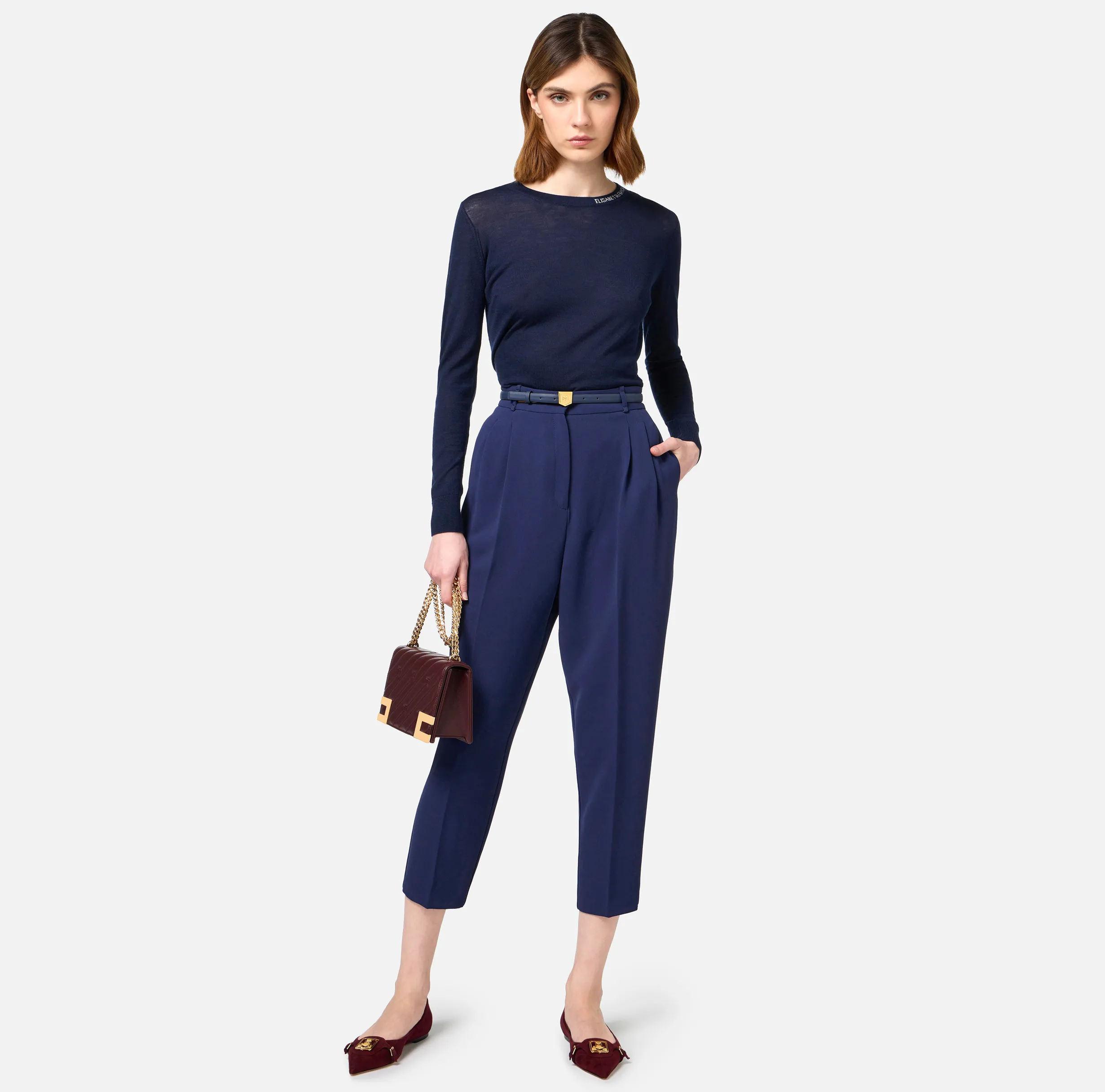 Pantalone in crêpe con cintura e ricamo