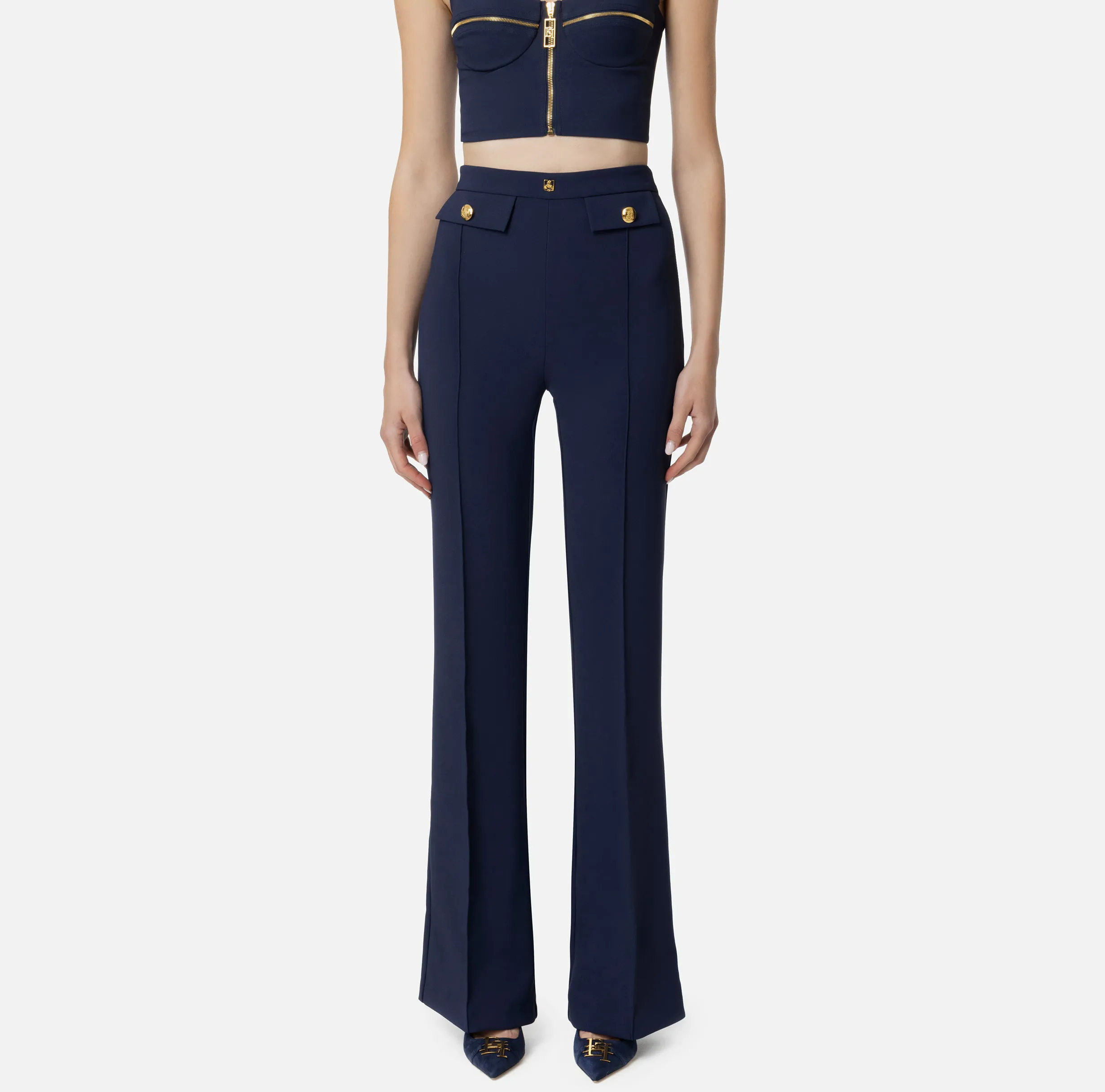 Pantalone palazzo in crêpe stretch con rivetto logo