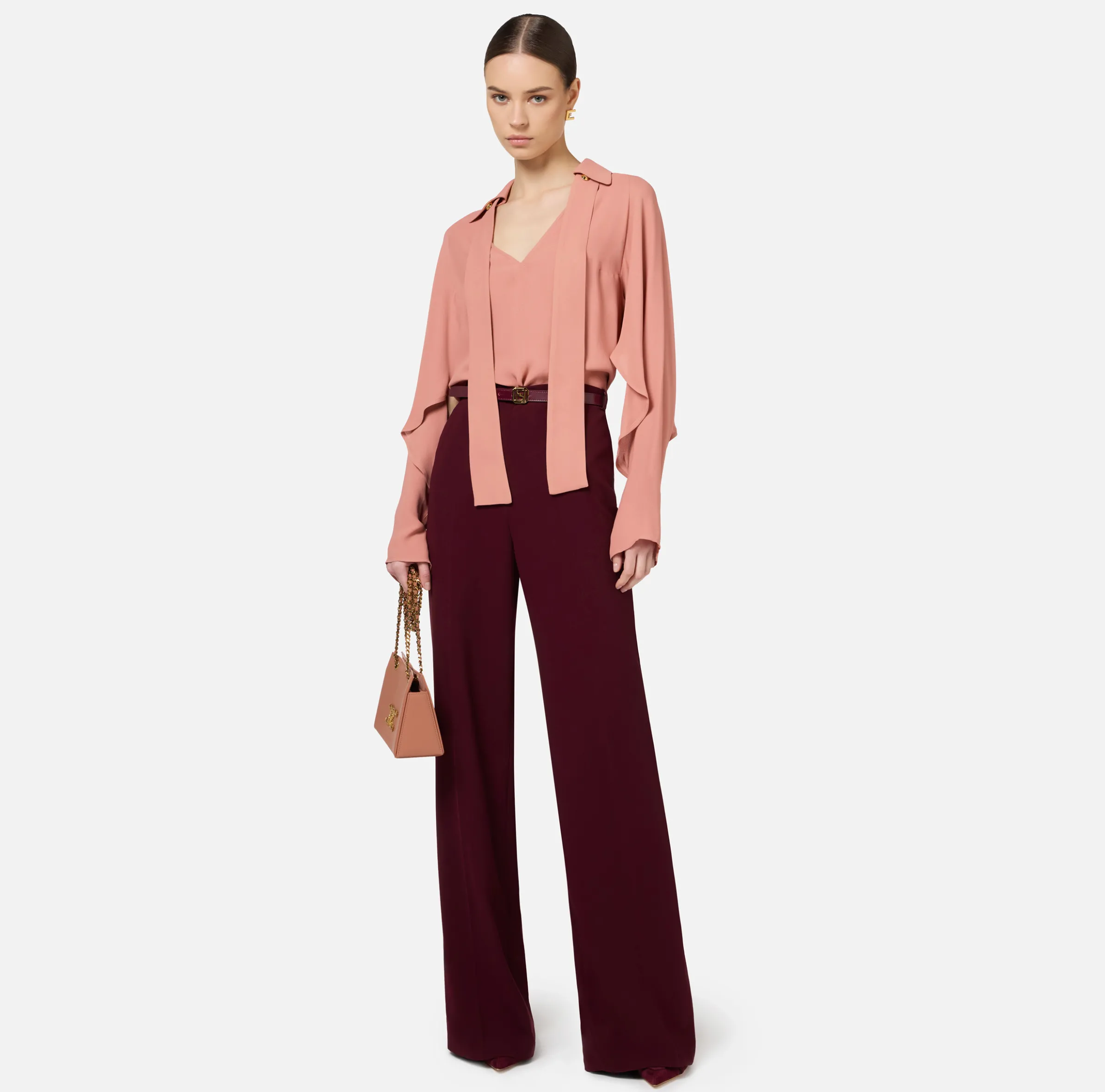 Pantalone palazzo in raso con cintura