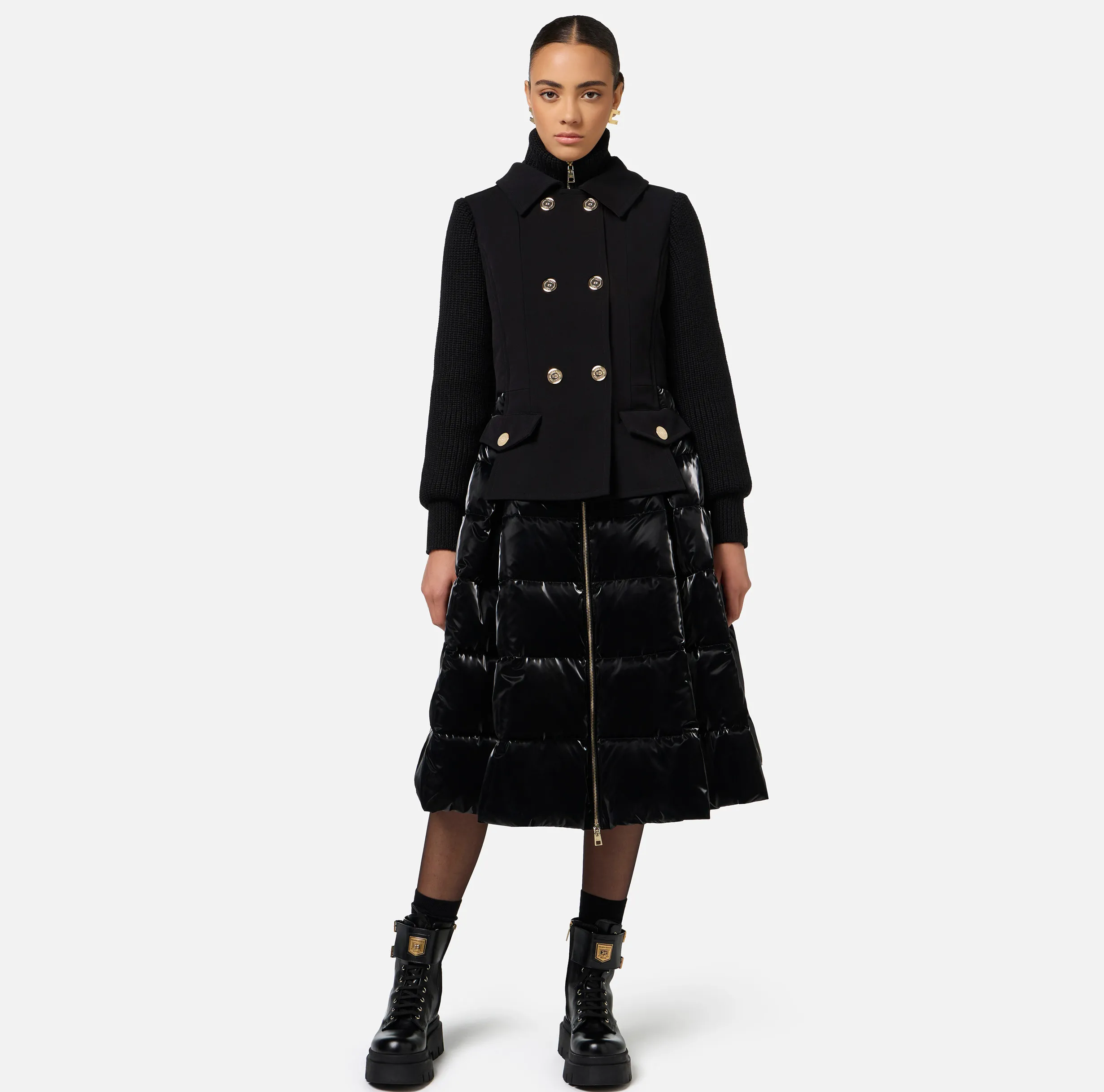 Piumino in nylon e panno con gonna a ruota