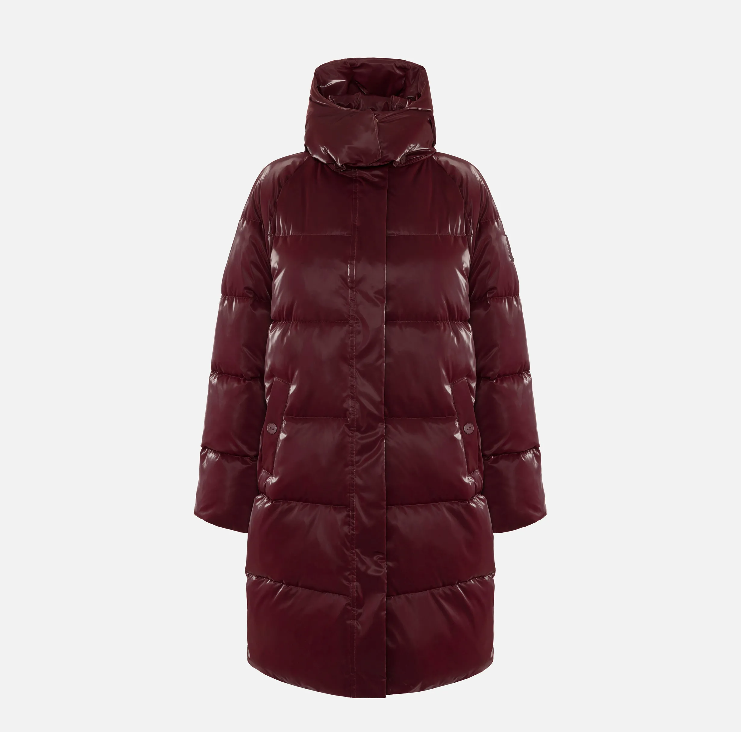 Piumino lungo in nylon satin con cappuccio