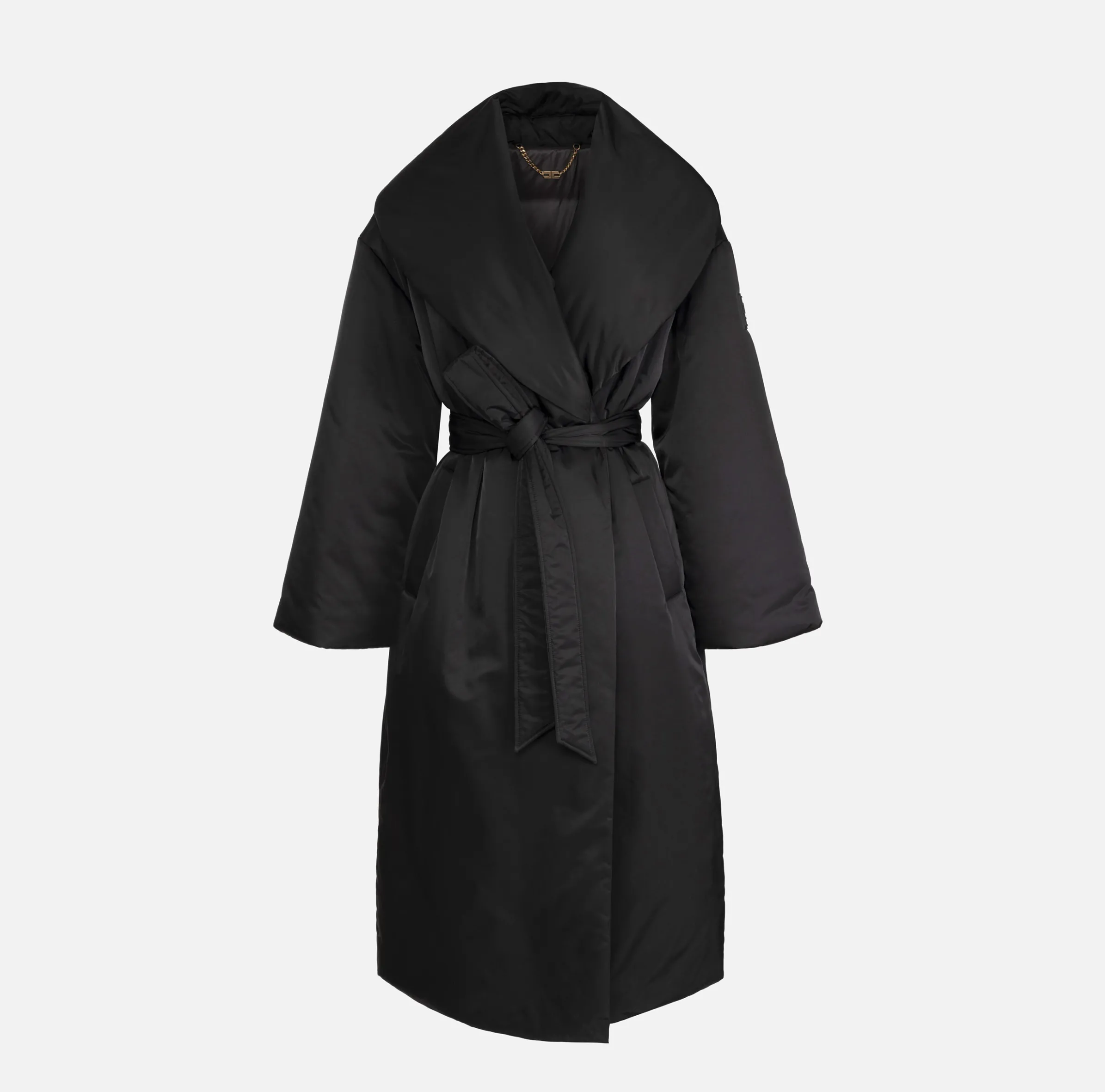 Piumino lungo in nylon satin con ampio collo